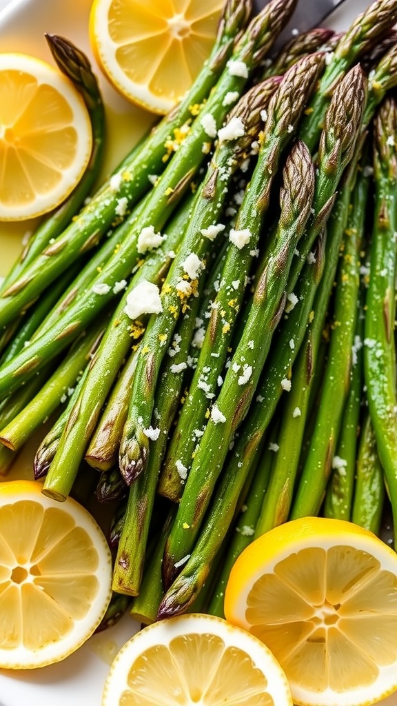 Roasted asparagus garnished with lemon zest and Parmesan on a wooden table.